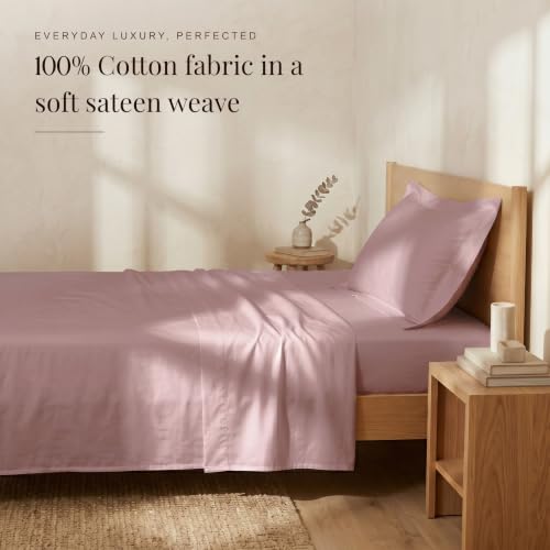 Image of Huesland Luxury 300 Thread Count Pure Cotton Sateen Weave Bedsheet for Single Bed with 2 Pillow Covers | Cameo Pink | 88 x 55 Inches
