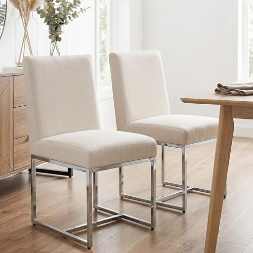 Image of HNY Modern Dining Chairs Set of 2, Upholstered Linen Dining Room Chairs with Ergonomic Back & Polished Silver Metal Frame for Home, Kitchen, Apartment, Cream