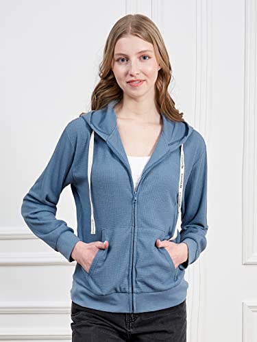 Trendstitch Women Lightweight Zip Up Hooded Sweatshirt Casual Long Sleeve Track Jacket With Pockets Waffle Knit Shirt Topss,Gray Blue,M #TOP1