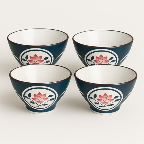 Image of YELONA Japanese Style Ceramic Bowls - 4.8 Inch (300ml), Set of 4 - Floral Design Rice /Noodle Bowls - Microwave & Dishwasher Safe, Ideal for Gifting Choice
