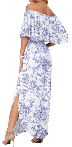 Image of AUSELILY Womens Off Shoulder Ruffle Split Summer Maxi Dresses with Pockets | Off-shoulder Ruffle dress with empire waist & side split for summer beach and casual parties