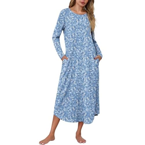 Marvmys Women Long Sleeve Nightgowns Round Neck Long Nightshirts with Pocket Sleepwears S-3XL Medium Blue Floral
