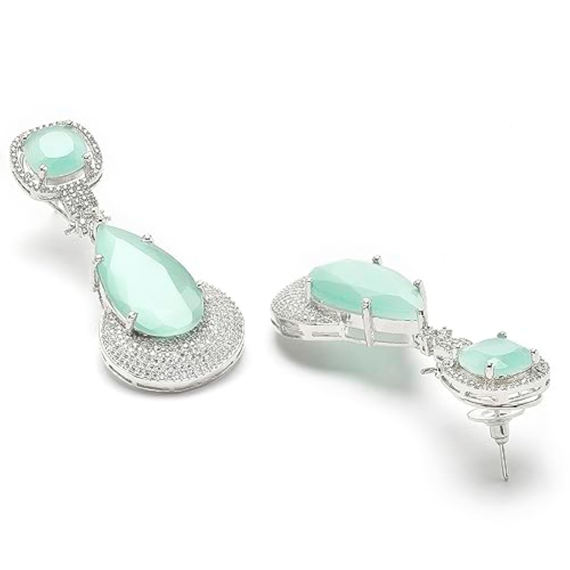 Rhodium-Plated Teardrop Drop Earrings With American Diamond Studs