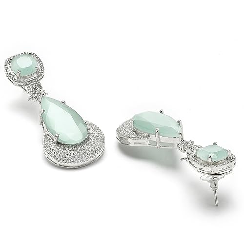 Rhodium-Plated Teardrop Drop Earrings With American Diamond Studs