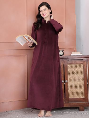 Image of Secret Wish Burgundy Solid Velvet Nighty Full Length /Full Sleeves /Side Pocket /Gown /Maxi /Warm /Soft Fabric /Zipper