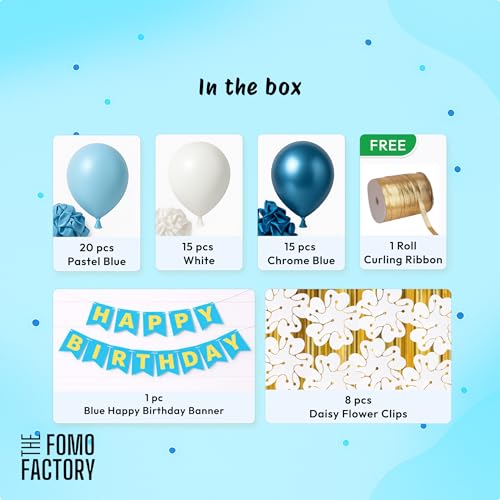 Image of The FOMO Factory 8 Pcs Flower Balloon Clips + 50 Pcs Metallic Chrome Balloons - Blue Birthday Decoration Items with Blue HBD Banner | Party Accessory Kit for Kids Birthday Cute (BlueFC)