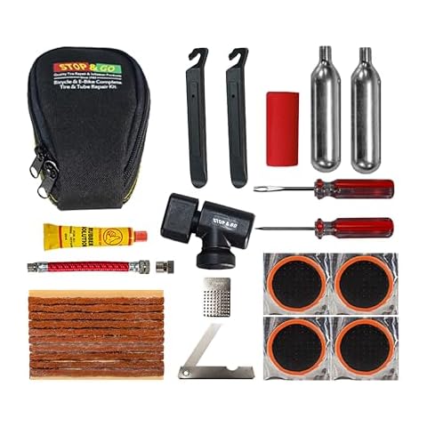 Stop & Go 100 27 Piece Bicycle Repair & Inflation Kit for Tubeless and Tube-Type Tires Works on BMX, XC, Mountain, Road, Gravel, & E-Bikes (4 Patches & 10 Rope Plugs) Cover