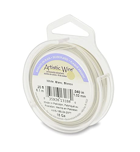 Artistic Wire 18 Gauge / 1.0 mm Silver Plated Tarnish Resistant Colored Copper Craft Wire, 20 ft / 6.1 m, White