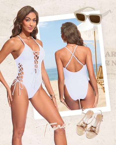 Image of Tempt Me Women Sexy Lace Up One Piece Swimsuit Deep Plunge V Neck High Cut Bathing Suits