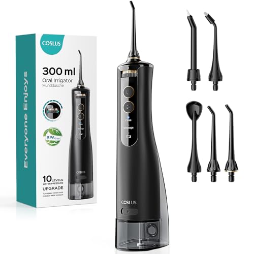 COSLUS Water Portable Flosser for Teeth: Electric Flosser for Braces, Sensitive Teeth, Gums - Advanced 10 Pressure Settings for Multiple Users, Cordless for Travel, MDL, BPA-Free, Black, E40(WFP14)