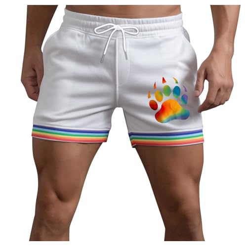 Generico Pantalones cortos de hombre chino arco iris patchwork de verano ligeros ajuste normal para el ocio transpirables suaves cómodos pantalones impresión secado rápido playa correr, B blanco, L