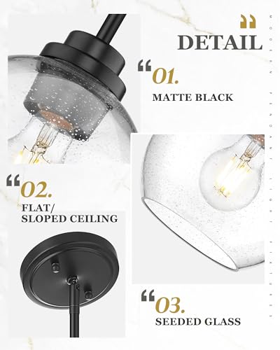 Image of 2-Pack Pendant Lights Kitchen Island, 7 inch Modern Black Hanging Lights Fixtures with Clear Seeded Glass Globe Shade, Kitchen Island Lighting for Bathroom, AD-22280-1P2-BK-S