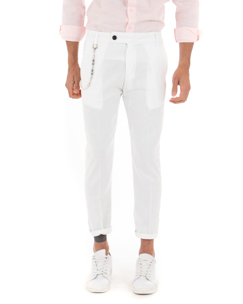 Giosal Pantalone Uomo Lino Bottone Allungato Classico Tinta Unita Elegante
