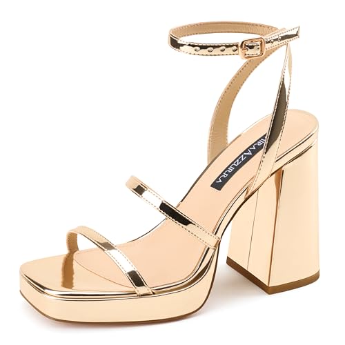 Image of MIRAAZZURRA Platform Strappy Heel Sandals Square Open Toe Two Strap Chunky High Heeled Sandals with Buckle Ankle Strap for Women Party Wedding Dress