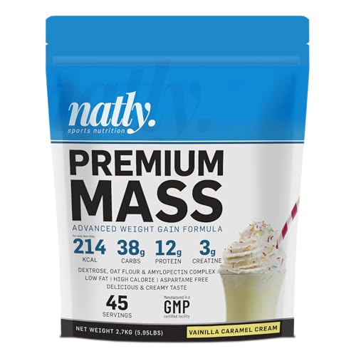 NATLY PREMIUM MASS 2,7 KG • Ganador de Peso con Proteína, Carbohidratos, Creatina, BCAA y Glutamina • Recuperación, Energía y Volumen Muscular • Sabor Chocolate o Vainilla (Vainilla Caramel Cream)