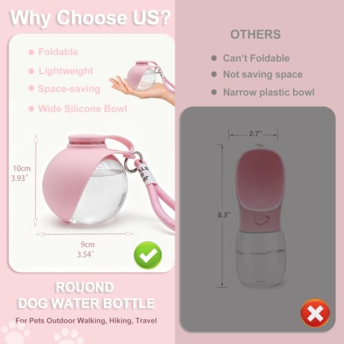 Image of Dog Water Bottle Portable, 2in1 Round Dog Water Bowl PET 10oz | Leak Proof Pet Water Dispenser, Foldable Silicone Bowl Drinking Bottle for Dogs Puppy Cats Travel Walking Hiking Camping Pink
