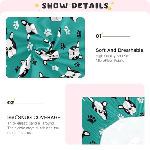 Image of Boston Terrier Puppy Head Fitted Crib Sheets Stretchy Portable Playard Sheets for Baby Toddler, Breathable Soft Mini Crib Mattress 52 x 28 in for Boys and Girls