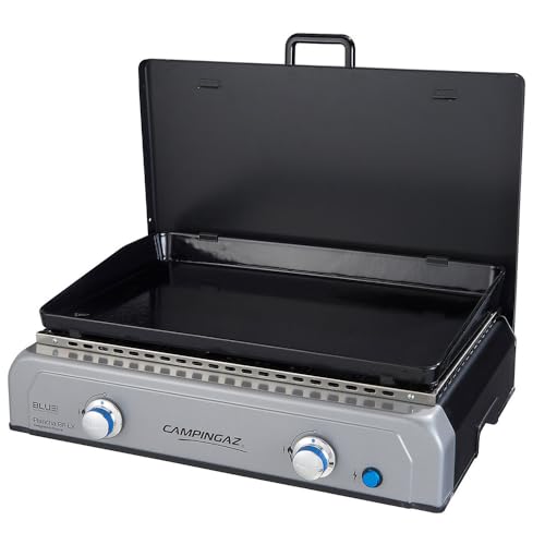Campingaz Blue Flame LX - Barbacoa de Gas con Placa esmaltada y 2 quemadores de Acero, Parrilla de Mesa con tecnología BlueFlame para Asar mediterráneamente a la Plancha, Gris