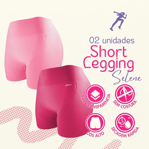 SELENE Kit 2 Shorts Academia Feminino Sem Costura Canelado Fitness Adulto, 1 Pink - 1 Rosa Claro, M