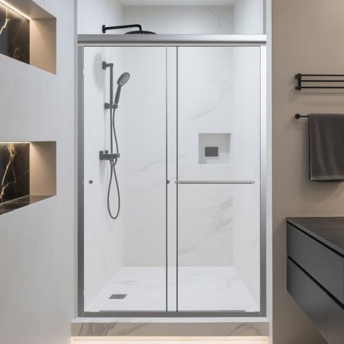 Image of 44-48 inch W x 72 inch H Bathroom Double Sliding Shower Door, Semi-Frameless Shower Glass Doors with 1 /4 inch (6mm) Clear SGCC Tempered Glass and Stainless Steel Handles, Easy to Install, Chrome