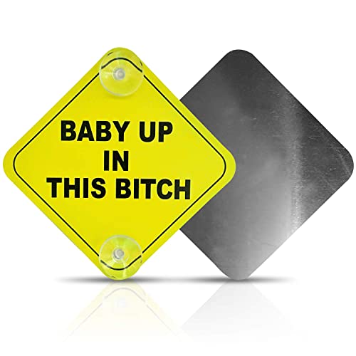2 Pack - Aluminum - Baby Up in This B Car Window Signs, 5x5 Inch Noticeable Bright Yellow Signs with 2 Suction Cups for Extra Strong Hold On Windows