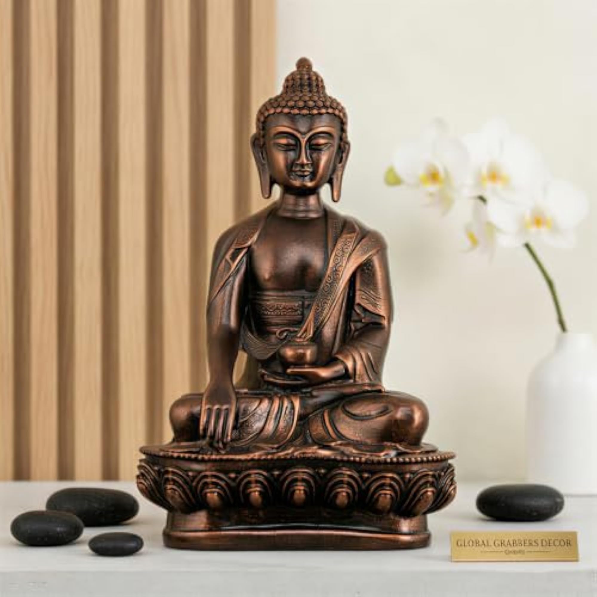 Meditating Sitting Buddha Idol Statue, Antique Copper Finish