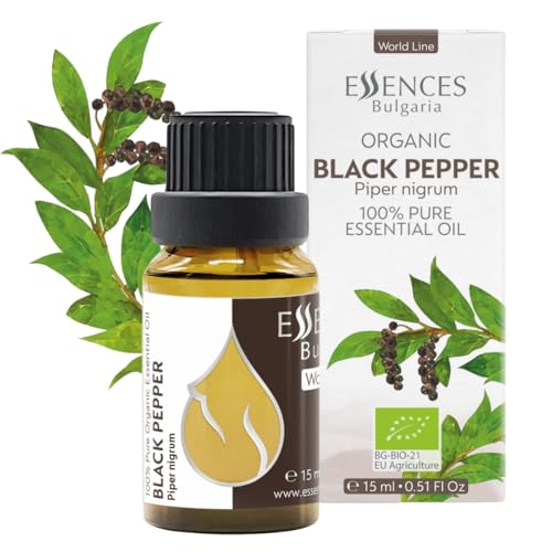 Essences Bulgaria Aceite Esencial de Pimienta Negra Orgánico 15ml | Piper nigrum | 100% Puro y Natural | Sin diluir | Grado Terapéutico| Aromaterapia | Cosméticos | Libre de crueldad | Sin OGM