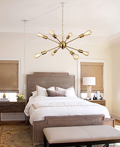 Image of LASENCHOO 8 Lights Plug in Chandelier Gold, Sputnik Hanging Lights Fixture | Plug in Pendant Light, Sputnik Outdoor Chandeliers for Gazebo Dining Room Living Room Bedroom Kitchen, 16.4ft Cord & Switch