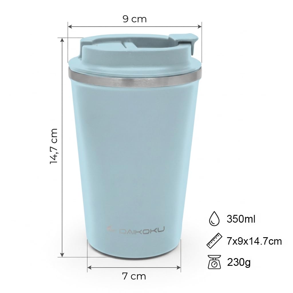 Daikoku Vaso Termico Hermetico 350ml Acero Inoxidable | Tapón Rosca Antigoteo y Antifugas | Doble Pared Aislante Sin BPA | Bebidas Frías 12h y Calientes 5h | Color Azul