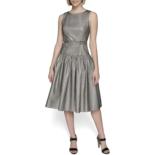 Image of Karl Lagerfeld Women's Sleeveless Boat Neck Drop Waist Belted Midi Dress