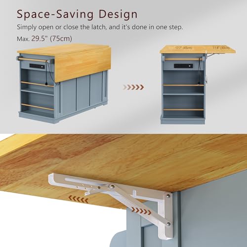 Yayzy Rolling Kitchen Island with 2 Bar Stools, Drop Leaf & Power Outlet, Large Kitchen Islands Cart on Wheels, Movable Kitchen Island with 5 Open Shelves & Towel Rack for Dining Room, 53″, Grey Blue - Thumbnail 4