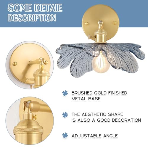 Image of 2-Light Bathroom Vanity Light Over Mirror Vintage Gold Brass Wall Sconce Light Blue Flower Glass Shade Adjustable Mid Century Modern Vanity Light Fixtures for Bedside Bedroom Doorway