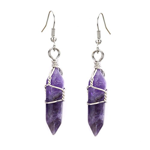 Real Natural Quartz Stone Healing Point Crystal Chakra Dangle Earrings Valentine's day Mother's day Gift (2. Wire Wrap Amethyst)