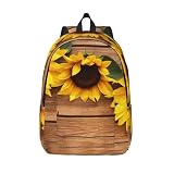 bnmklda Rucksack aus Segeltuch mit Sonnenblume auf Holzplanke, leichter und stilvoller Schulrucksack für den täglichen Pendeln, Arbeit und Outdoor-Abenteuer, Schwarz , 40x30cm