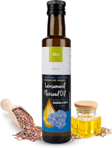 Elixi Bio Leinöl kaltgepresst 250ml Glasflasche Bio Leinsamen Omega-3 nativ 59% ALA vegan aus Finnland Omega 3-6-9 Fettsäuren naturrein Leinsamenöl ohne Zusatzstoffe