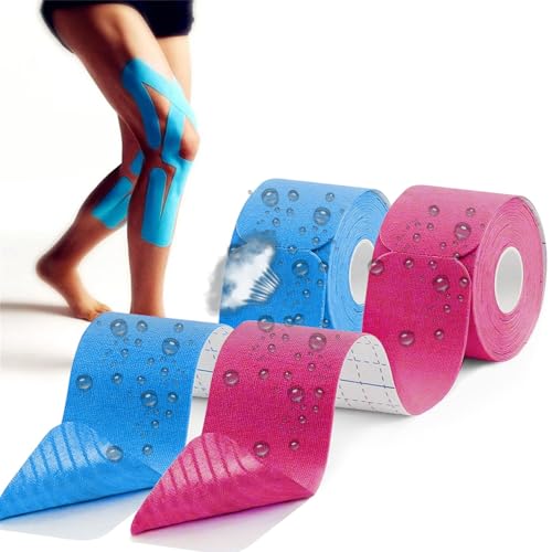 QaZanteiar Kinesiology Tape Precut (2 Rolls,5cm*5m) Waterproof & Elastic Sports Tape for Physio Tape Pain Relief Adhesive for Muscles Shin Splints Ankle Knee & Shoulder Muscle Support (Blue,Pink)