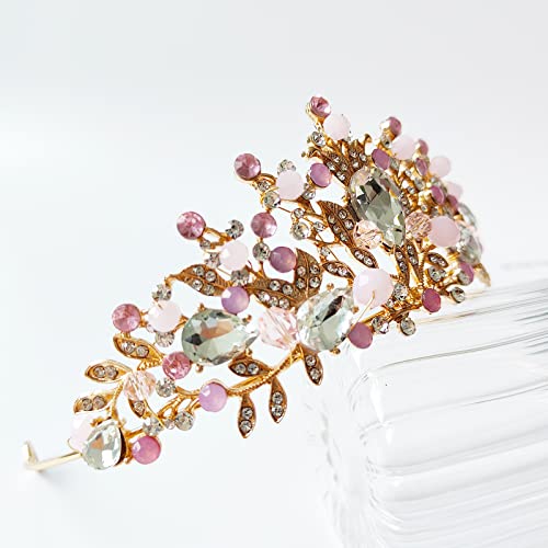 Diadème Princesse, Bandeau de Couronne Strass, Diadème de Couronne Rose, pour les Concours de Beauté, les Mariages, les Fêtes (Rose)