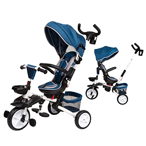 Flash Deals - 60% OFF kinbor Foldable Toddler Tricycle - Trike for 1-4 Year Olds, Kids Push Trike with Removable Canopy, Safety Harness, Rotatable Seat, Detachable Guardrail, Foldable Footrest