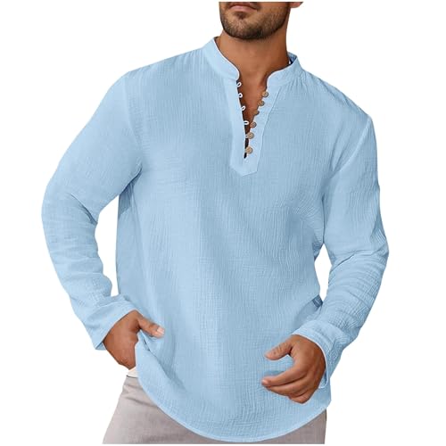 Men's Cotton Linen Casual Henley Shirts Long Sleeve Beach T Shirts Button Down Long Sleeve Solid Color Basic Pullover