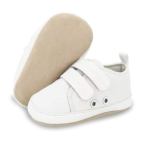 BEBARFER Baby Boys Girls Shoes Canvas Infant Sneakers Soft 100% Leather Anti-Slip Sole Newborn Toddler First Walker Crib Shoes(0-6 Months Infant, A/White)