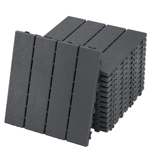 YEATHOR 11 Pack Decking Tiles 30x30cm Interlocking Garden Tiles Outdoor Deck Flooring Plastic with Click System & Drainage Base Patio Slabs Imitation Wood Grain for Balcony Poolside Type A