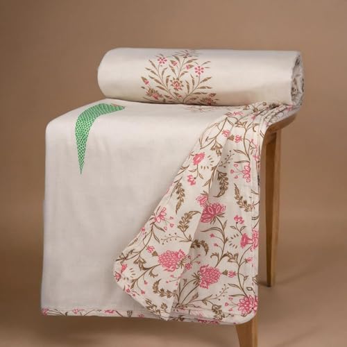 Image of HUESLAND 100% Cotton Reversible Dohar Single Bed Cotton | Soft Cambric Weave, Lightweight AC Blanket for Summer & All Weather Use | 56 x 89 inches, Botanical Fusion - Ivory, Brown & Pink