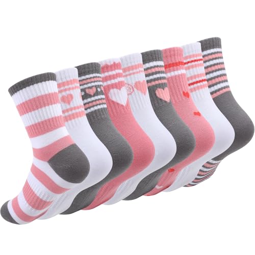 soxitoevy 9 Pcs Girls Athletic Socks Kids Crew Socks with Hearts Striped Cotton Soft Breathable Basketball Running Outdoor(8-12 Years)
