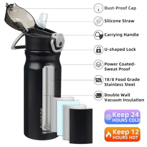 Image of BJPKPK 18 oz Water Bottle with Straw & Handle, Insulated Stainless Flask | Leak Proof Locking Lid, Thermal, Double Wall Vacuum, Keeps Hot /Cold, BPA Free, Dishwasher Safe, Travel & Sports, Black