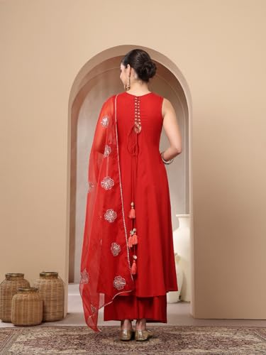 Image of Stylum Women's Solid & Embellished Rayon Flared Kurta Palazzo Dupatta Set