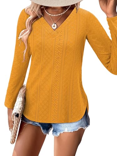 KISSMODA Long Sleeve Fall Shirts For Women V Neck Tunic Tops Embroidered Button Down Knitted Blouses 2025