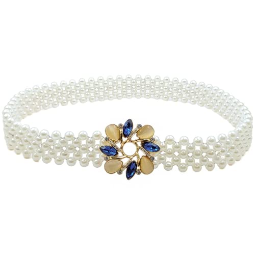 Image of REDHORNS Rhinestone Elastic Waist Belt for Women Dresses Beaded Design Stretchy Slim Waistband, Belly Chain Kamarband for Ladies Saree - Free Size