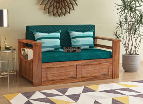 Image of Solid Sheesham Wooden Sofa Cums Bed with Mattresses for Living Room | Rosewood 2 Seater Sofa Cums Bed for Bedroom Without Pillow (D-Natural Finish)