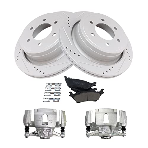Image of TRQ Rear Performance Brake Pad, Caliper, & Rotor Kit Ceramic Vented Premium G-Coated Compatible with 2015-2018 Ford F-150