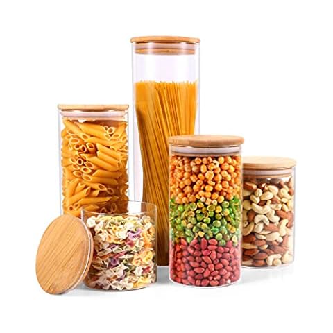 Emica Home Glass Storage Jars with Bamboo Airtight Lids, Set of 5 Glass Canisters Sets for Kitchen Pantry Cover